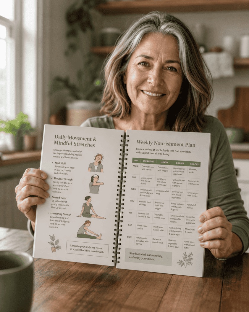 A woman in her late 50s holding a printed FitPrint wellness plan