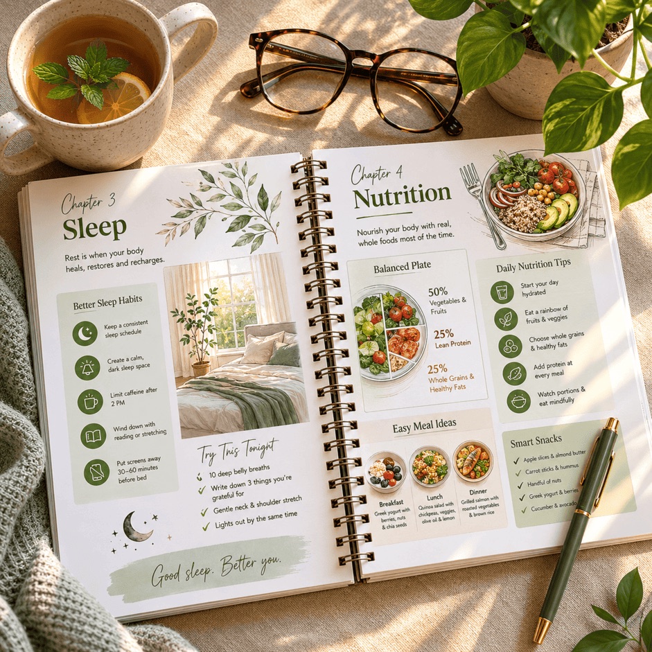 An open FitPrint plan showing the Sleep chapter with five better-sleep habits and a Try This Tonight checklist, beside the Nutrition chapter with a balanced-plate guide and easy meal ideas